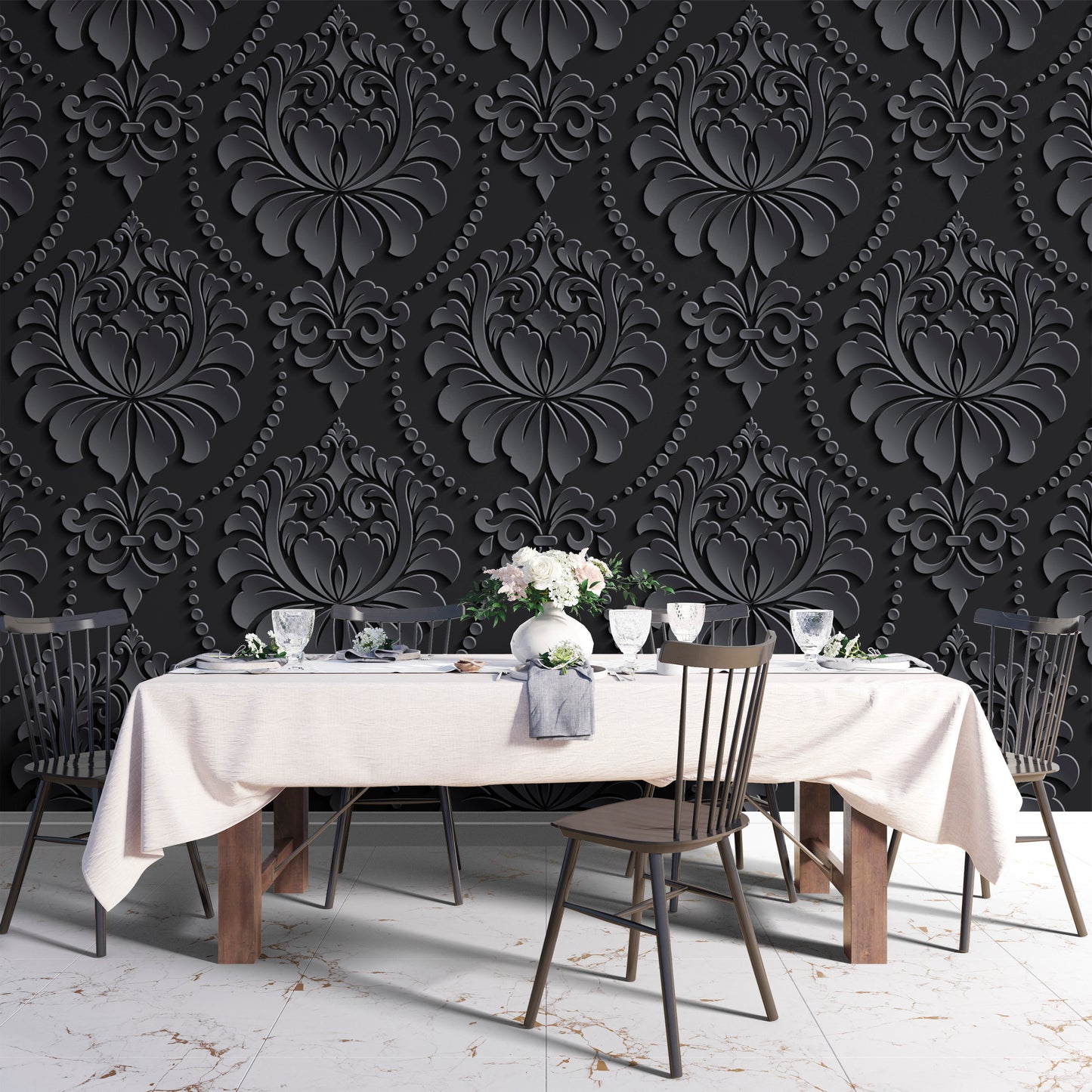 Black floral designer wallpaper