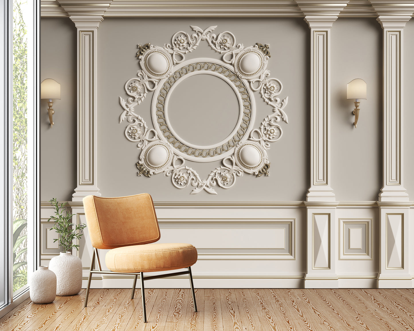 classic interior wall with moldings 3d rendering