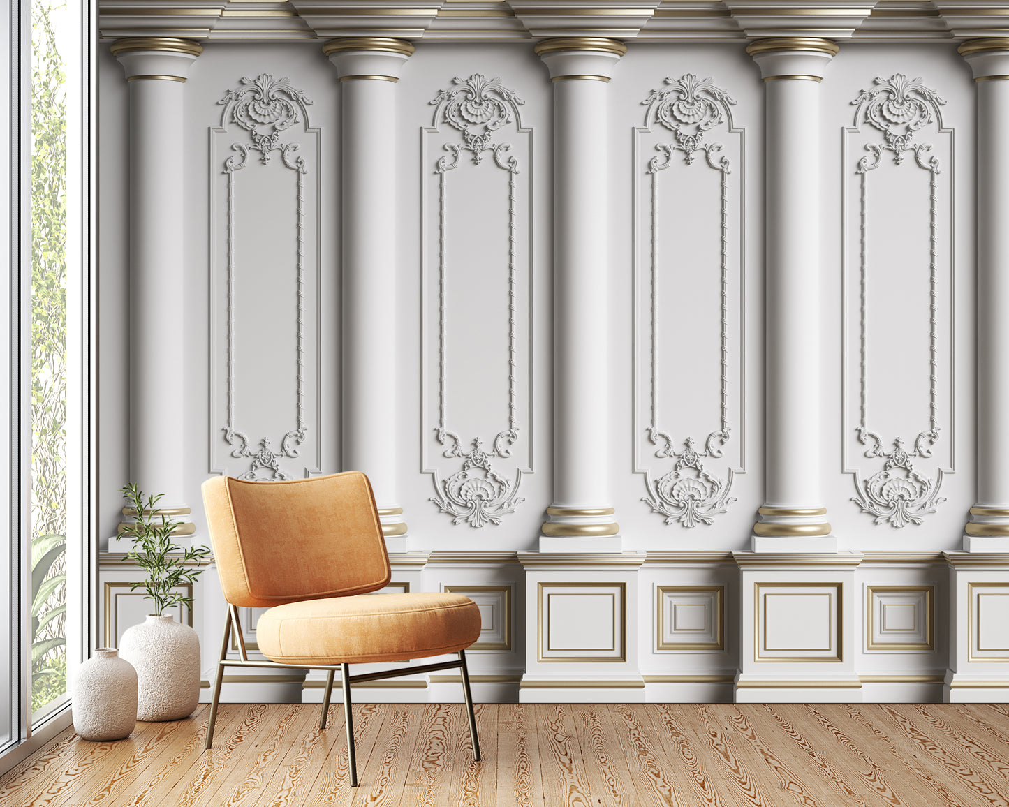 classic-interior wall with mouldings floor parquet herringbone digital illustration 3d rendering