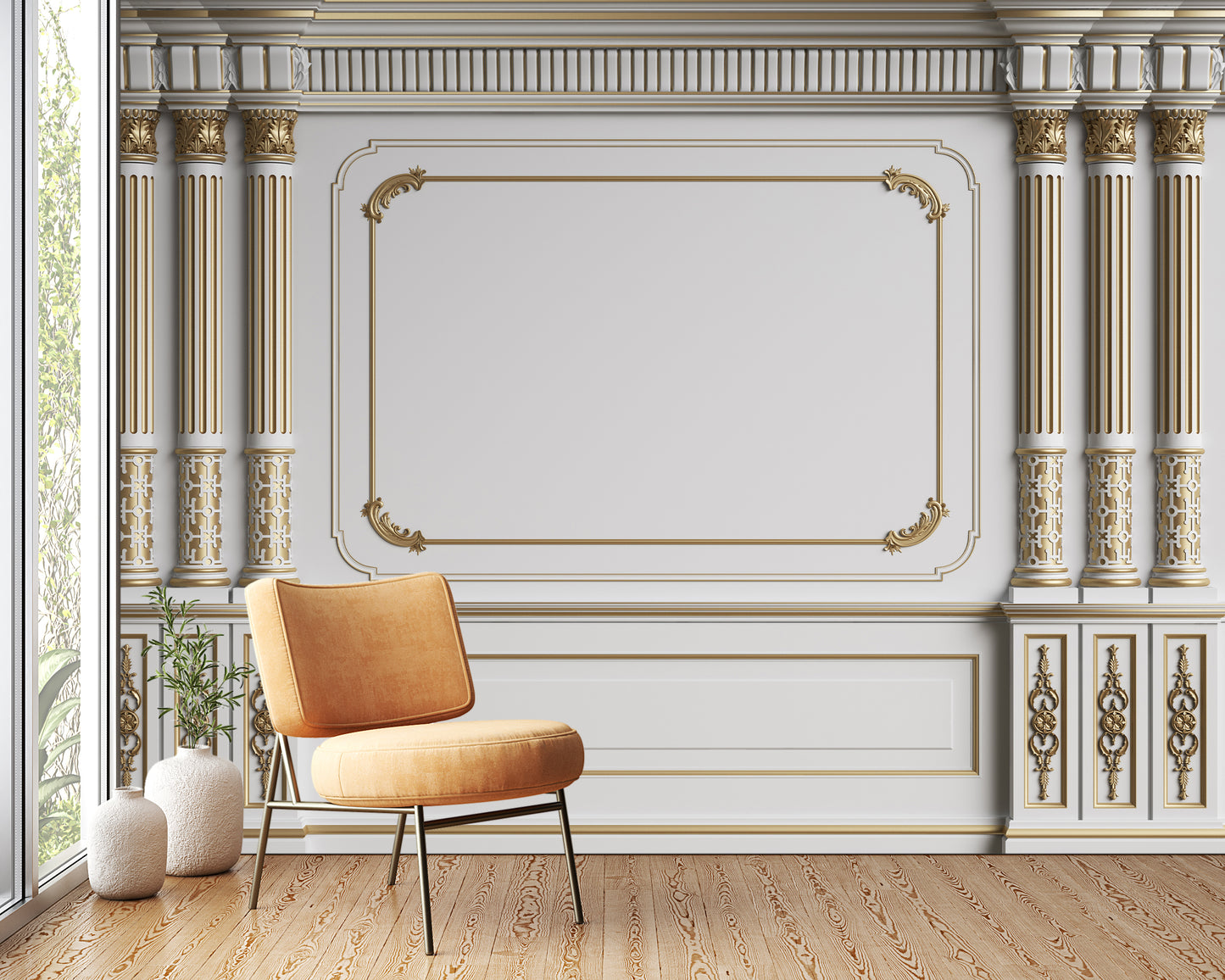 classic interior wall with mouldings floor parquet herringbone digital illustration 3d-rendering