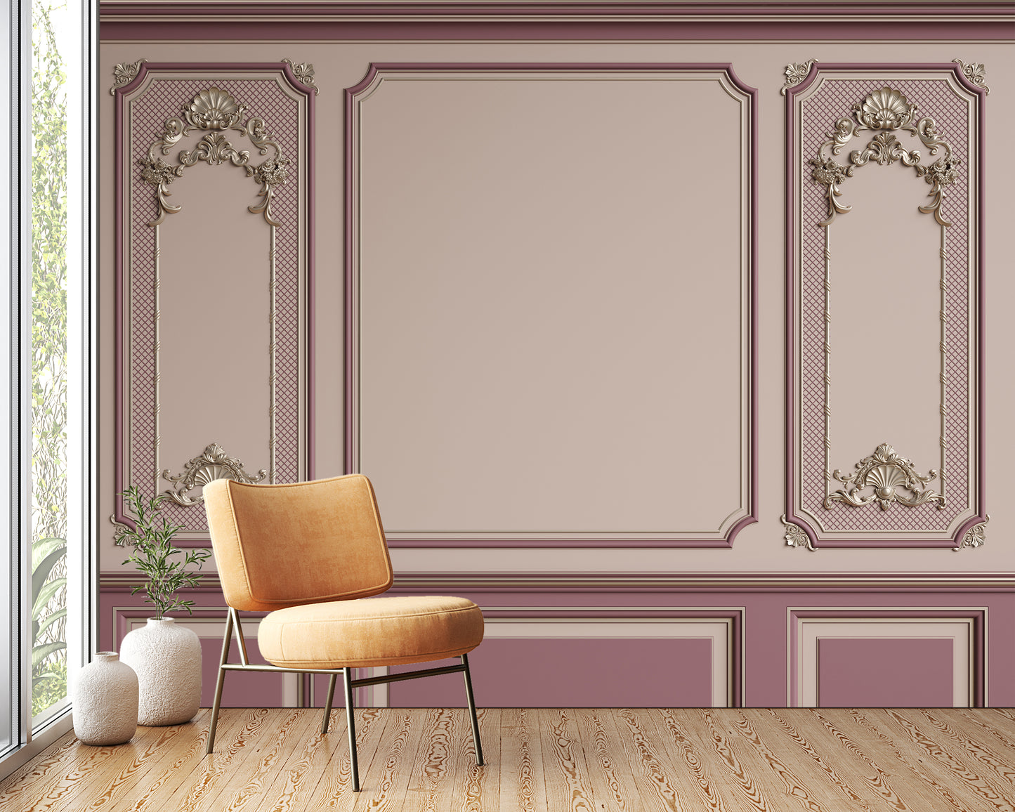 classic interior wall with mouldings floor parquet herringbone digital illustration 3d-rendering (3)