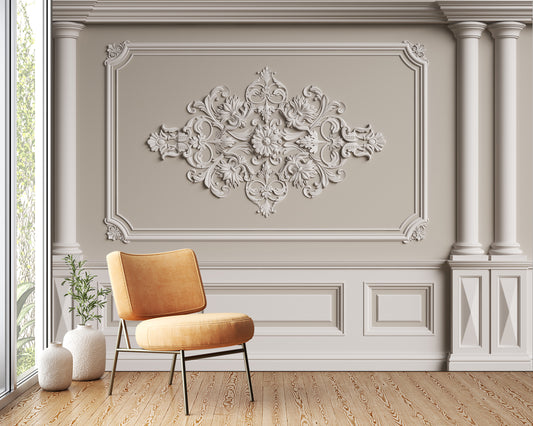 classic interior wall with mouldings-floor parquet herringbone digital illustration 3d rendering