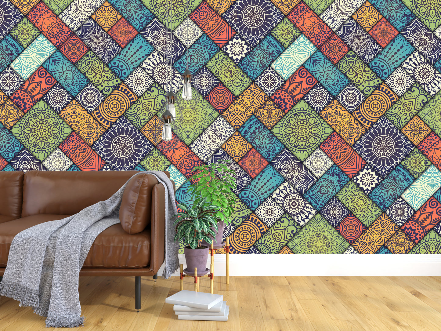 Diagonal floral tiles pattern wallpaper for wall