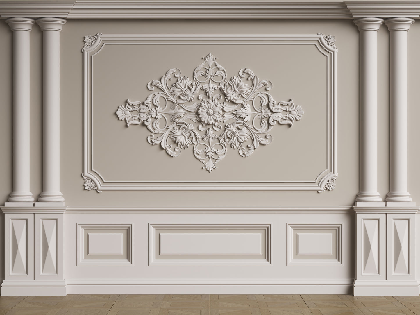 classic interior wall with mouldings-floor parquet herringbone digital illustration 3d rendering
