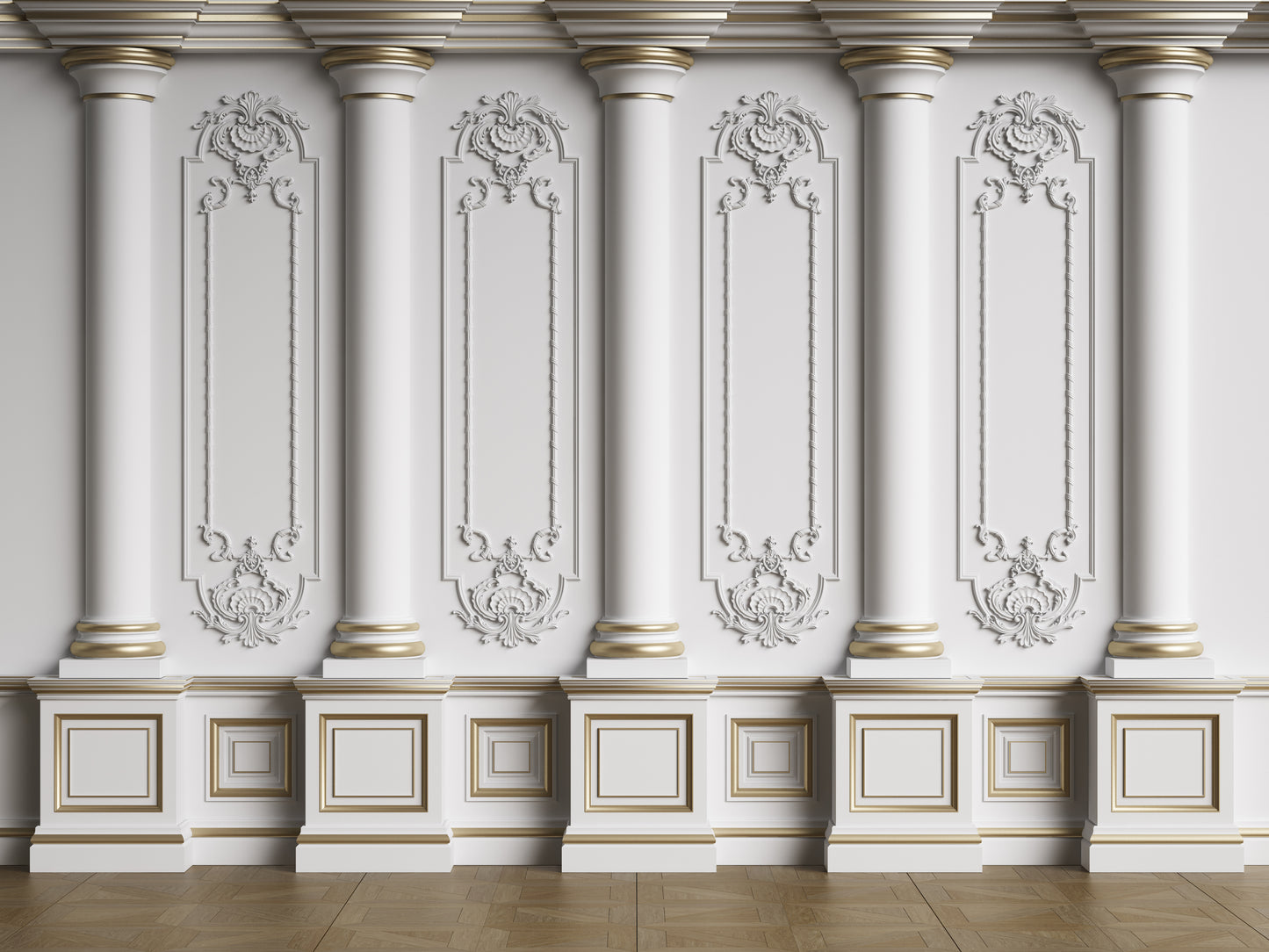classic-interior wall with mouldings floor parquet herringbone digital illustration 3d rendering