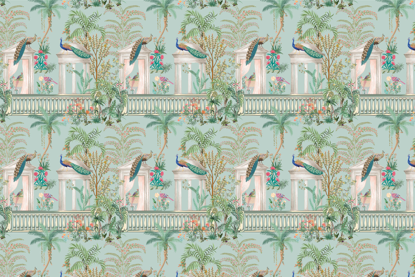 garden arch peacock plant and bird vector illustration seamless pattern