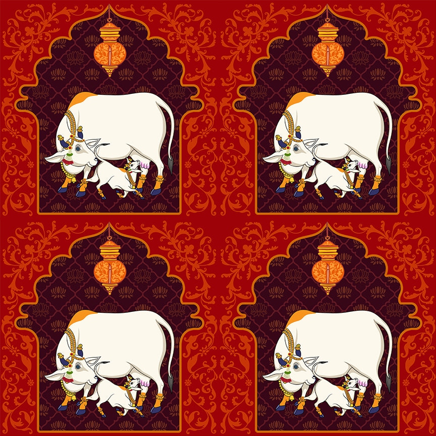 indian traditional cow and calf painting with elegant lotus designs