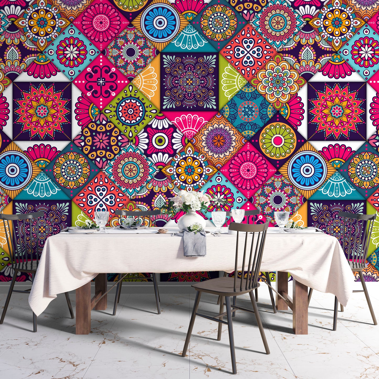Colorful ethnic tiles pattern wallpaper for wall