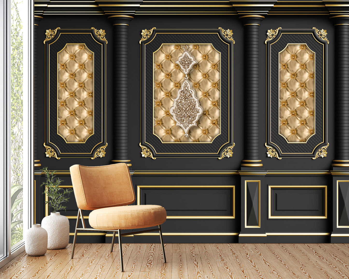 wallpaper 3d classic wall with gold black panels with gold designs