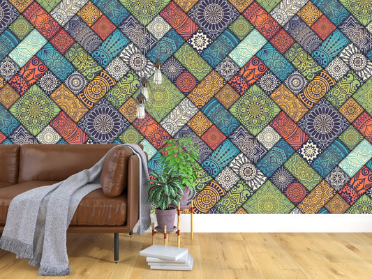 Diagonal floral tiles pattern wallpaper for wall