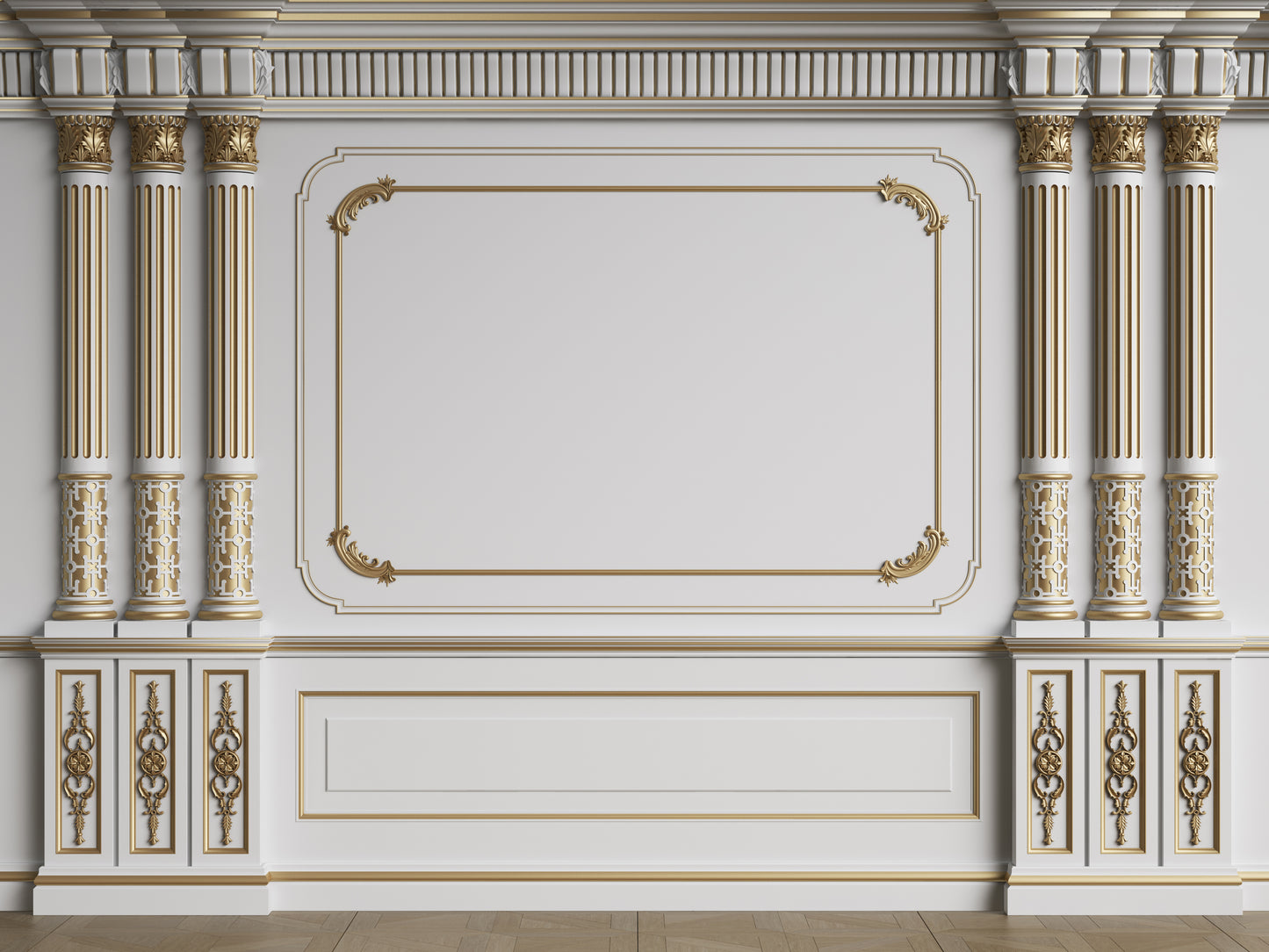 classic interior wall with mouldings floor parquet herringbone digital illustration 3d-rendering
