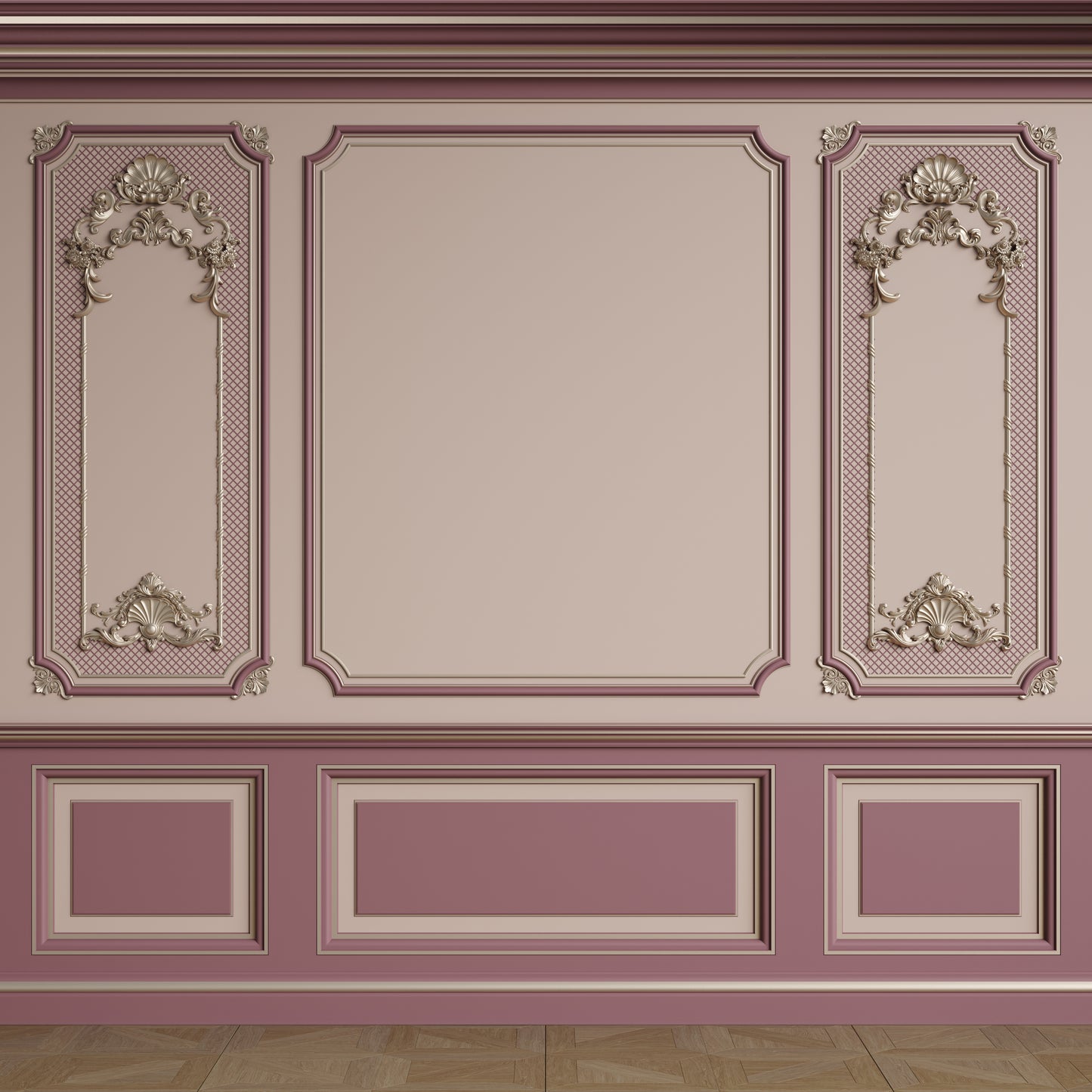 classic interior wall with mouldings floor parquet herringbone digital illustration 3d-rendering (3)
