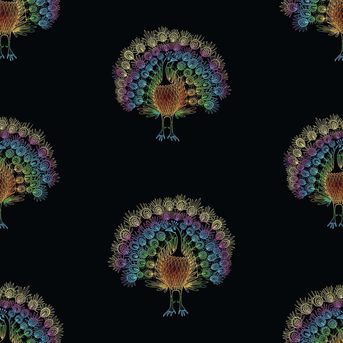 Seamless wallpaper of outlines_decorative colorful peacock