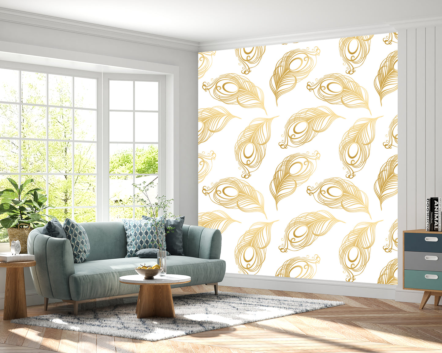 seamless pattern golden peacock feathers white wallpaper print textile