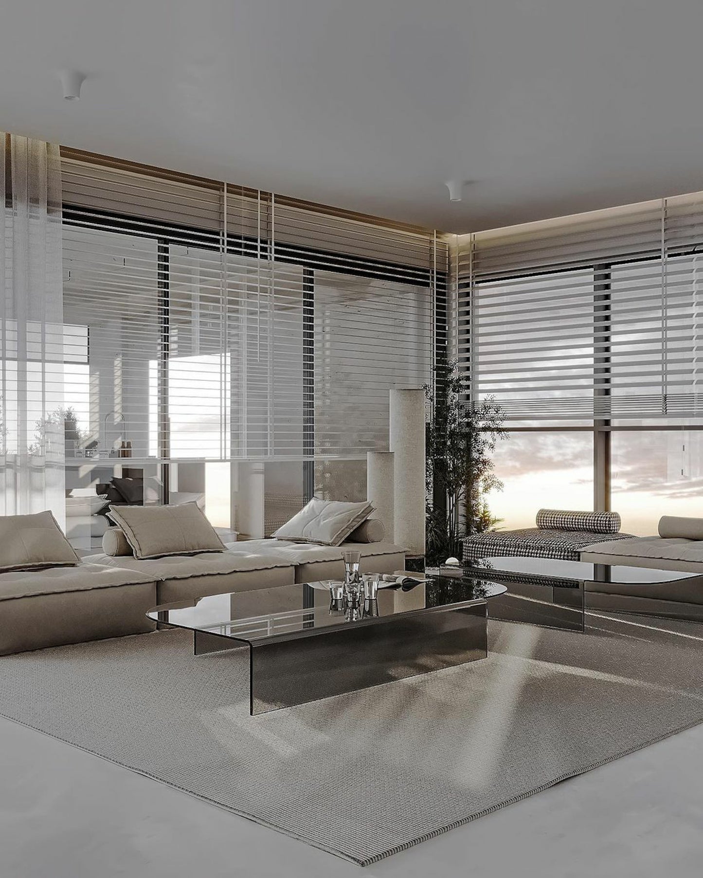 modern living room interior design with windows curtains sofa wooden round table ceiling light