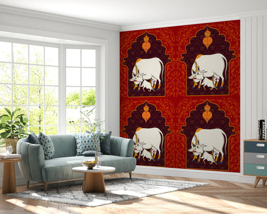 indian traditional cow and calf painting with elegant lotus designs