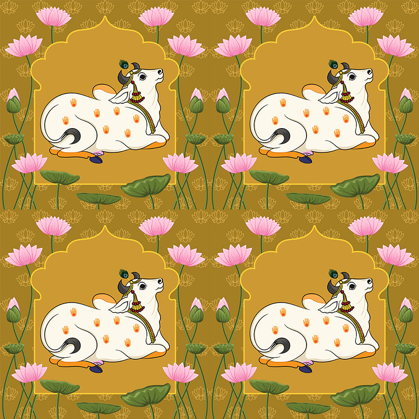 Indian traditional Rajasthani painting cow in sitting pose with lotus background