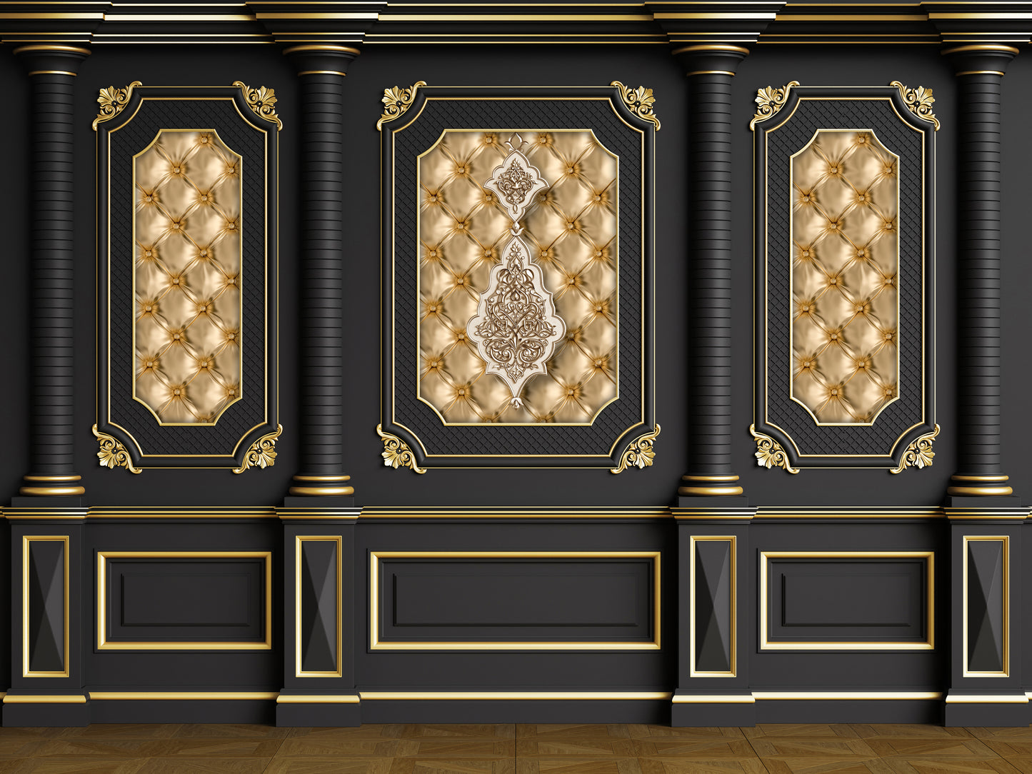 wallpaper 3d classic wall with gold black panels with gold designs